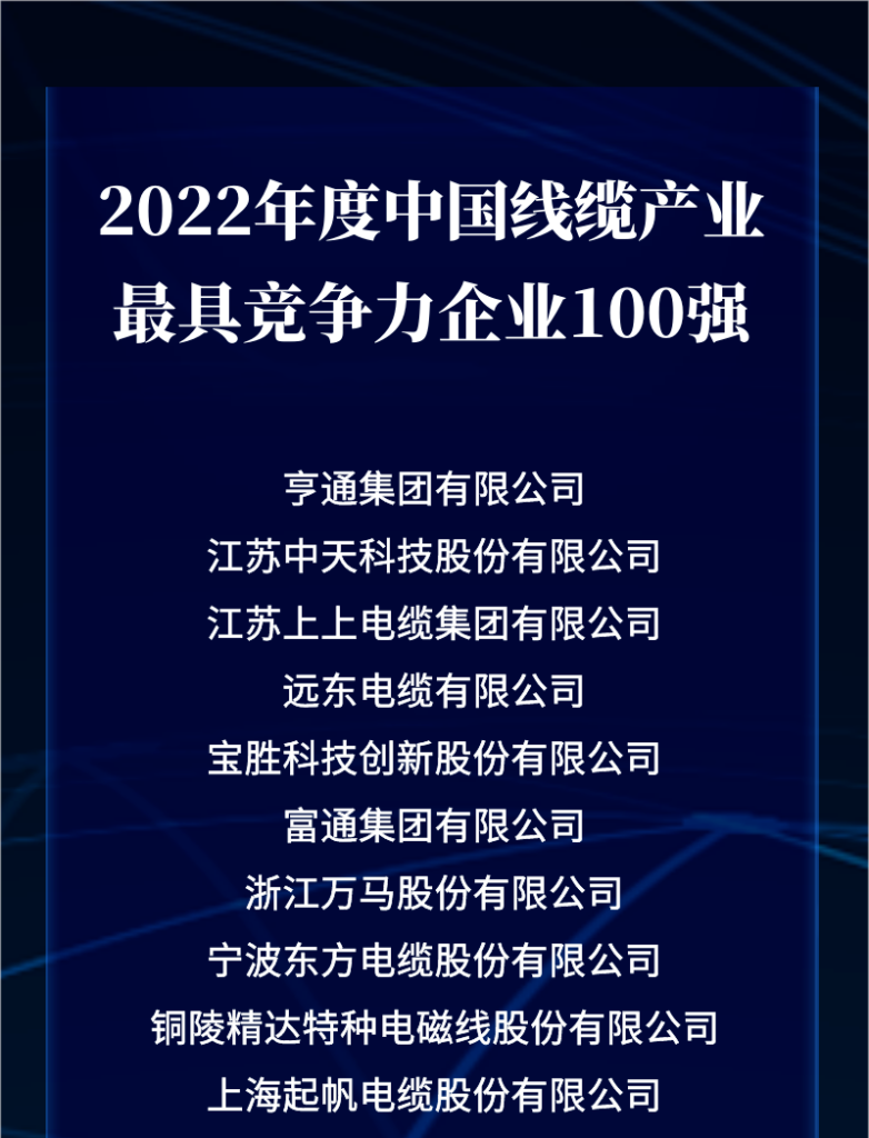 喜讯：恒峰g22上榜2022年度中国线缆产业最具竞争力企业百强